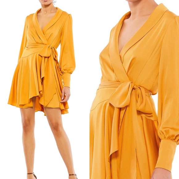 NEW Mac Duggal V Neck Long Sleeve Wrap Satin Mini Dress Marigold - Picture 1 of 12